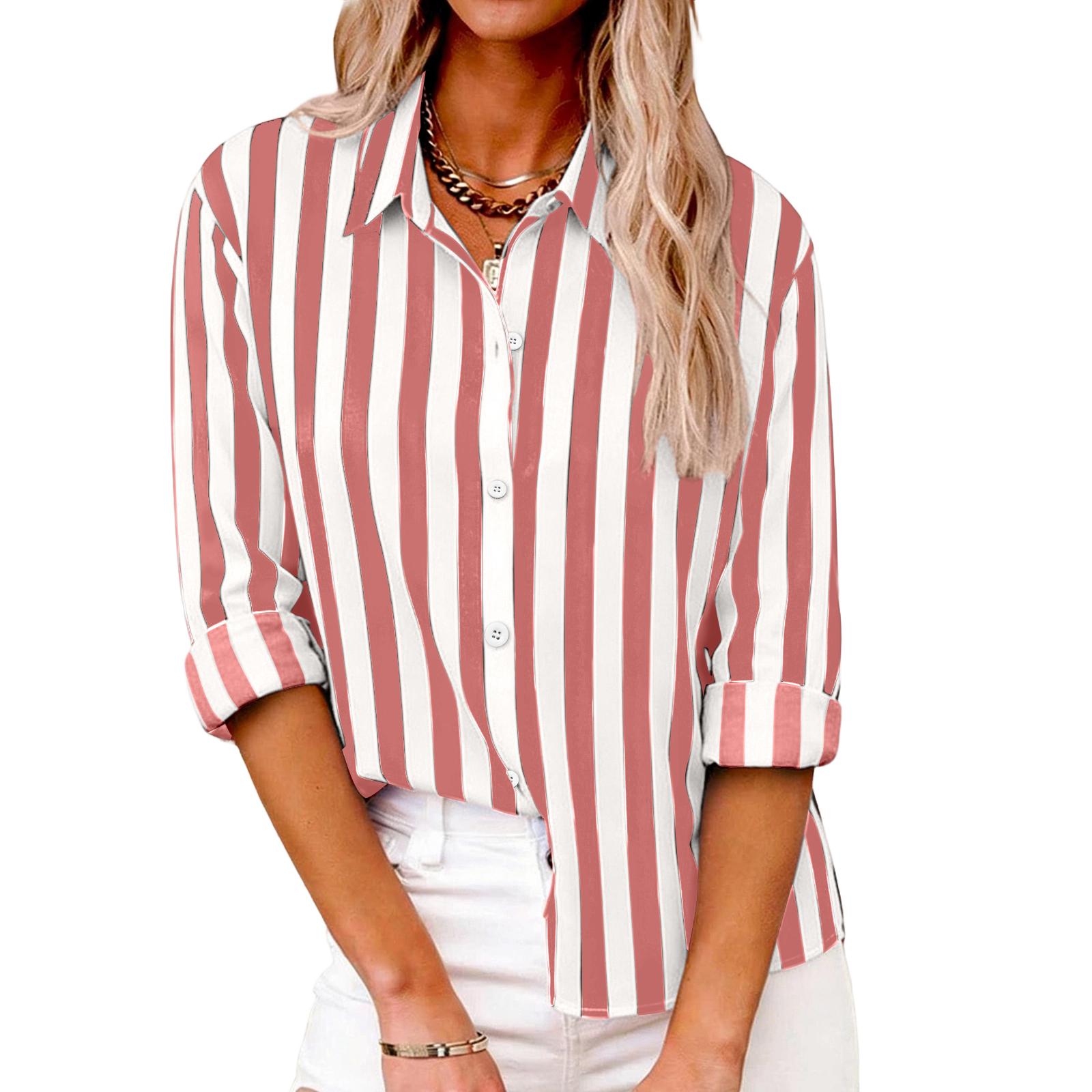 

Women s Striped Casual Fashion Shirt Button Long Sleeved Top XL червоний