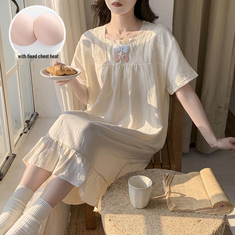 2026 Summer Princess Style Embossed Cotton Nightgown with Bra Pads - Women's Long Short-Sleeve Home Dress