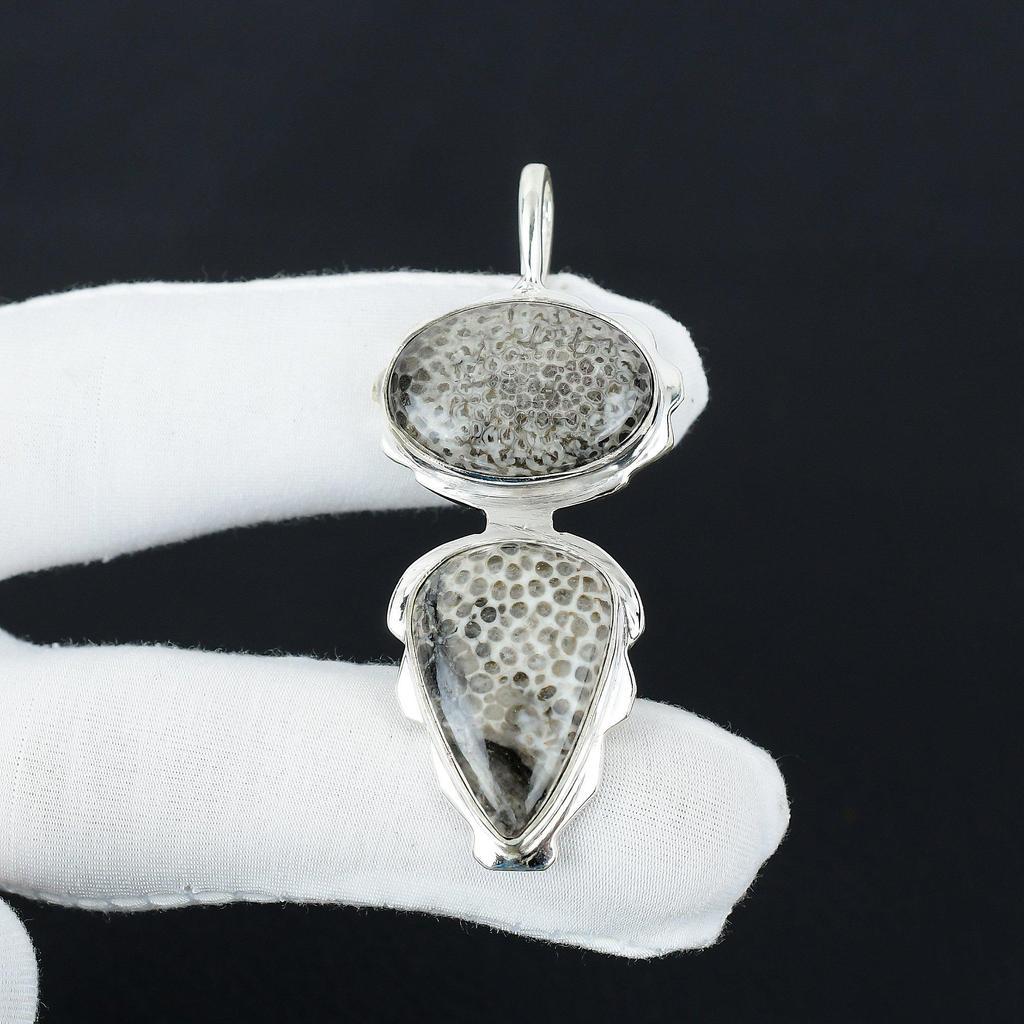 Natur Rochenkoralle Edelstein Silber Anhänger in 925 Sterling Silber- Handgefertigtes Design, Alltagsschmuck, Antiker Anhänger Ostergeschenke