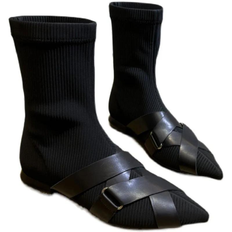 Fashion 2024 European Station Autumn and Winter New Pointy Flat Comfortable All-match Elastic Ankle Boots for Women Thin Riding Boots