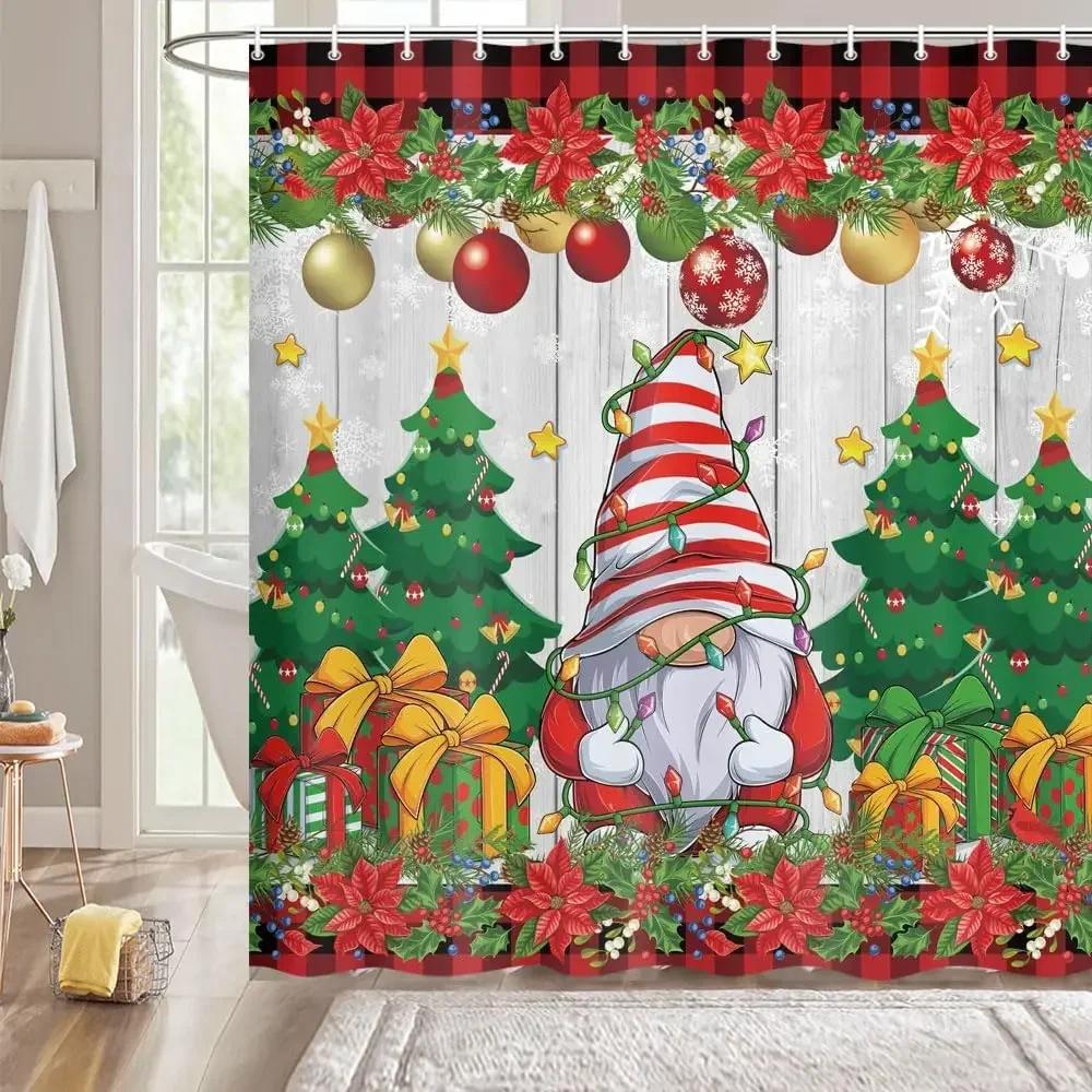 Theme Shower Truck Christmas Tree Gift Deer Red Bird Pinecone Snow Scene Baths Curtain Bathroom DecorXT6