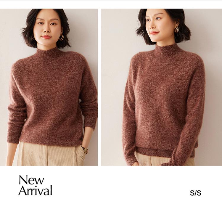 Women's Cashmere Half-High Neck Raglan Sweater - Autumn/Winter Style, 7-Gauge Fancy Yarn, Loose Knit Pullover.