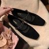 Square head shallow mouth high heels one-word diamond strap low heel suede Mary Jane single shoes women