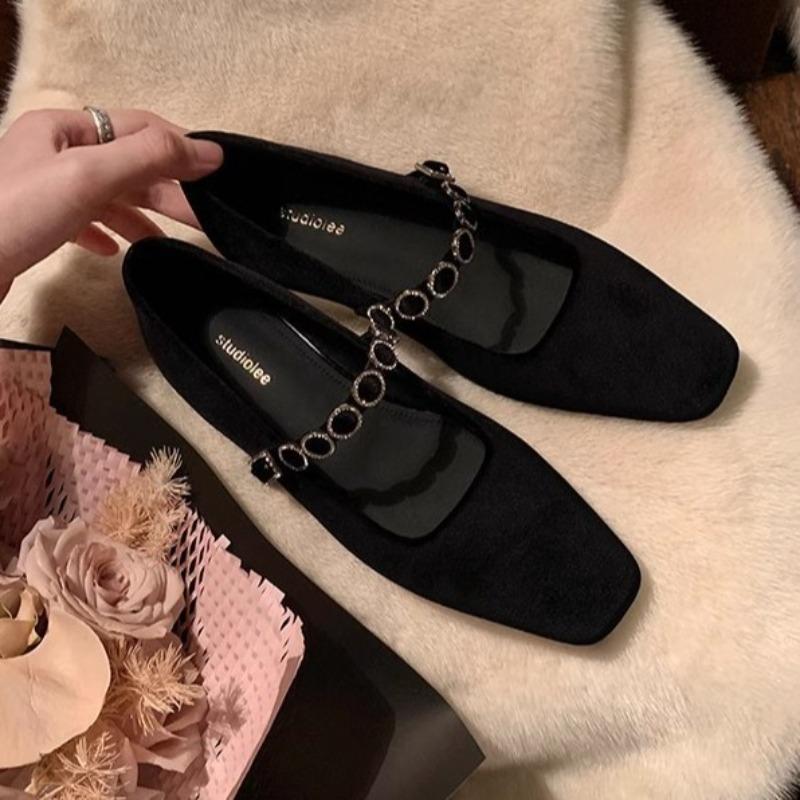 Square head shallow mouth high heels one-word diamond strap low heel suede Mary Jane single shoes women