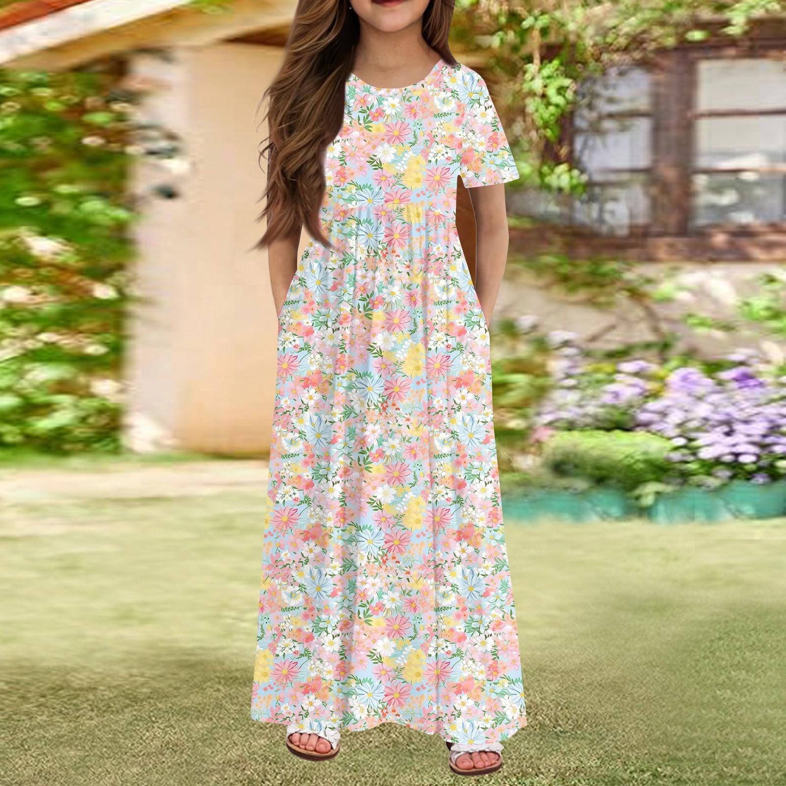 

Girls Long Summer Dress - Short Sleeve Pocket Maxi Dress For 4-14Y 160 жовтий