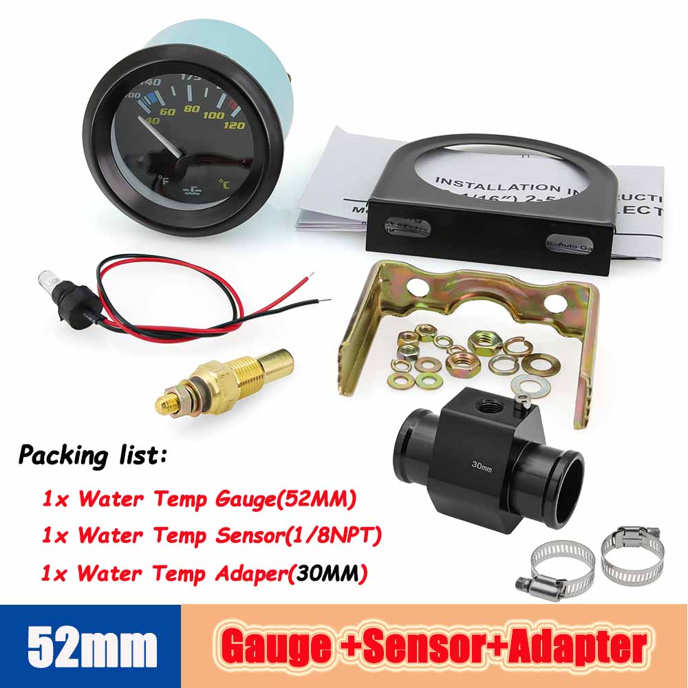 52mm Auto Temp Gauge Dual Unit Digital 40-120℃/100-250℉ Water Temperature Indicator Sensor Adapter 1/8NPT For Gasoline Vehicle