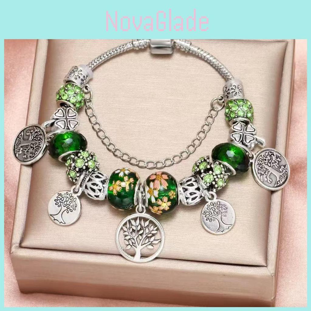 Fashion Life Tree Beaded Bracelet With Green Glass Beads For Womens Daily Wear