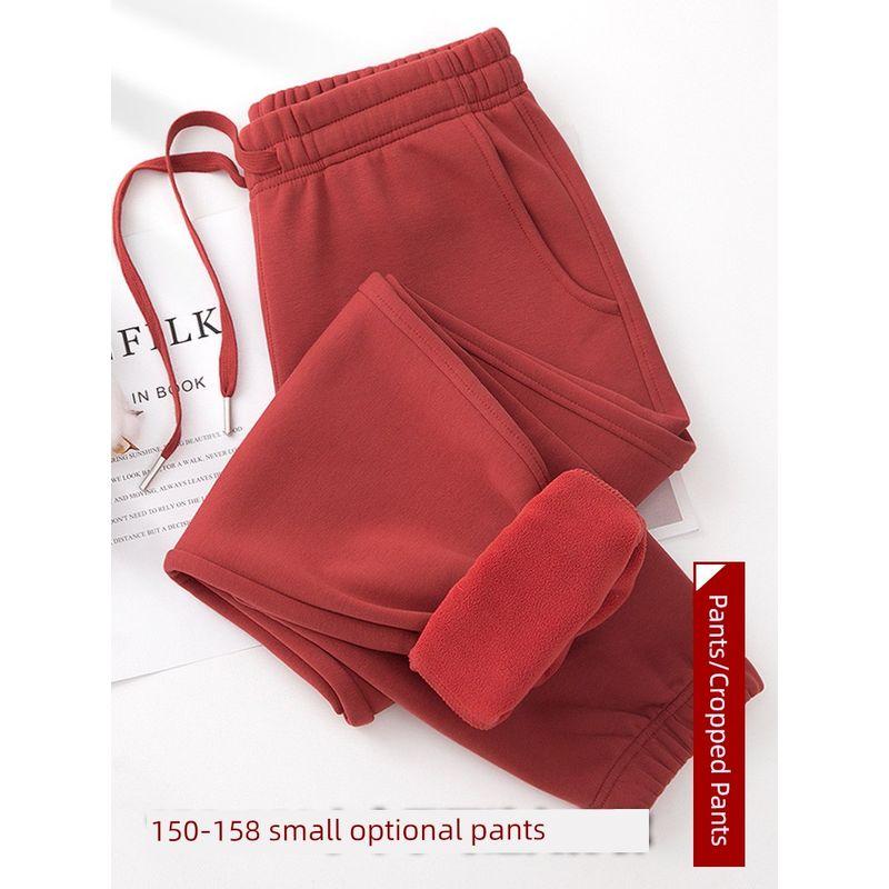 Spring Red Pure Cotton Casual Female Winter Fleece-Lined Track Pants
