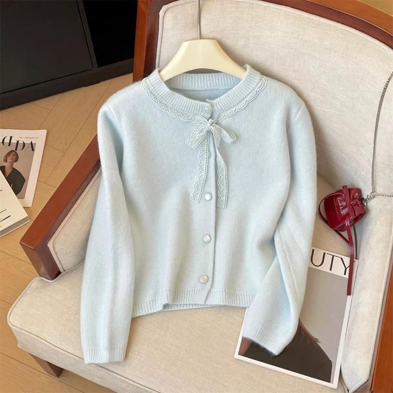 Sweet Lace Stitching Knitted Cardigan for Women Autumn Winter New Gentle Style Short Top