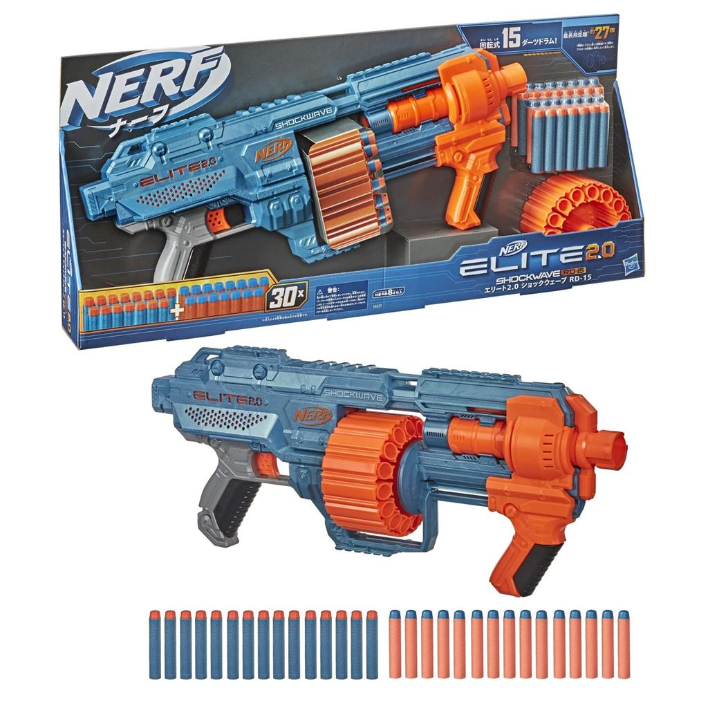 Manuální blaster Nerf Elite 2.0 Shockwave RD-15 je dodáván s 30 oficiálními šipkami vybavenými rotujícím bubnem na 15 ran a taktickou lištou Pump Action Slam.
