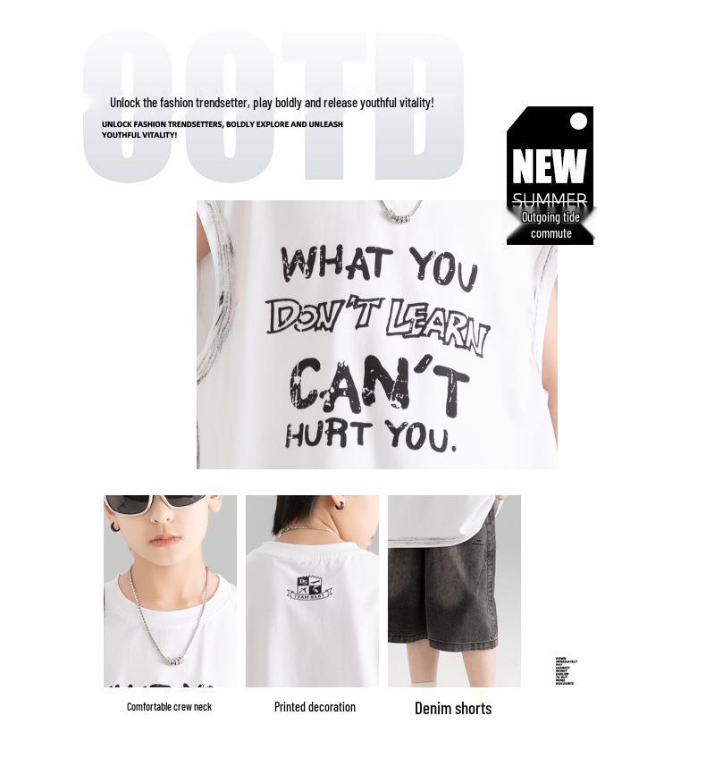 Boys' Trendy Sleeveless Set: Summer Thin Denim Bermuda Shorts & Spray Dye Print Vest T-shirt.