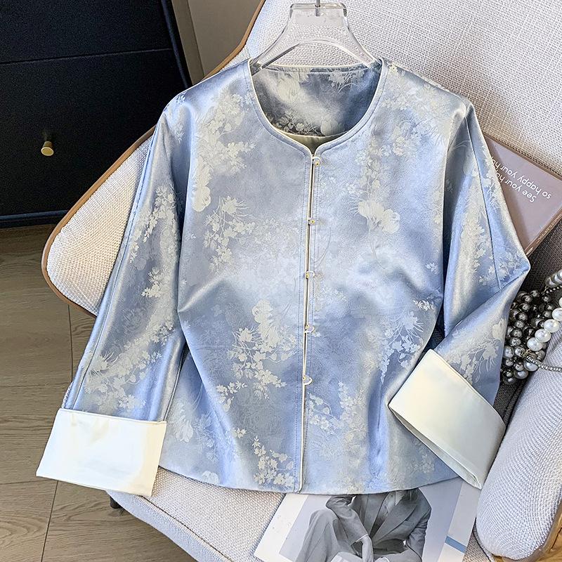 

Silk Ethnic Patchwork Jacquard Jacket: Anti-aging, Plus Size, Chinese Style for Middle-Aged Women - Spring Collection 2XL світло-синій колір