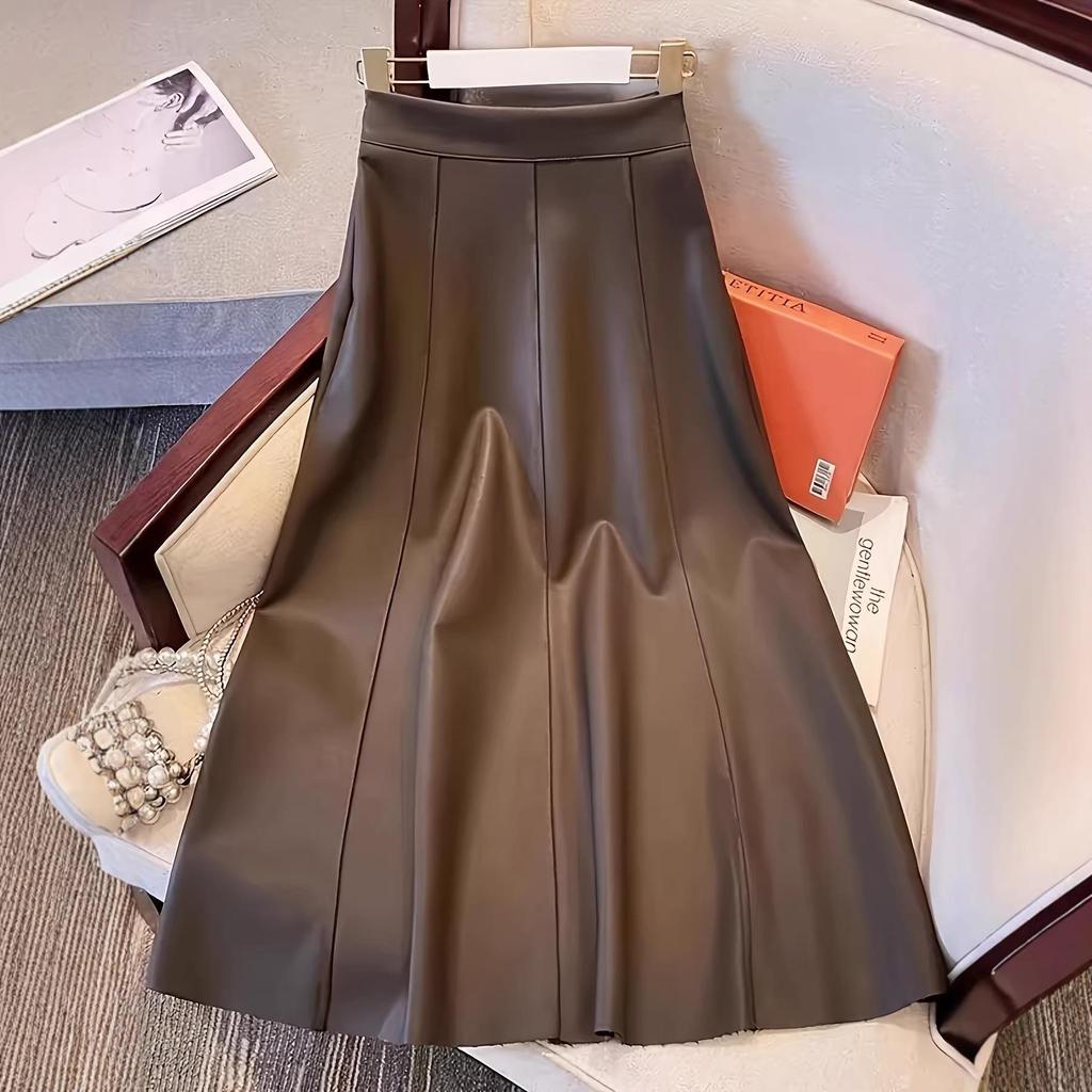 Miu Style Brown A-Line Leather Skirt - Women's Slim Fit for Autumn/Winter