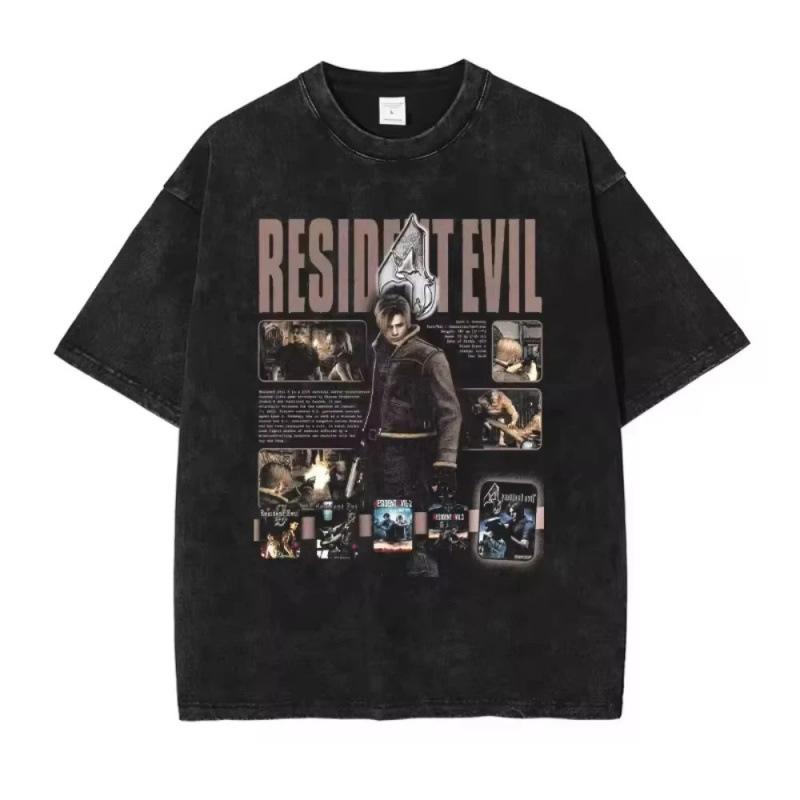 Leon Cotton Washed Unisex Dark Vintage Resident Evil Pattern Printed Street T-Shirt S
