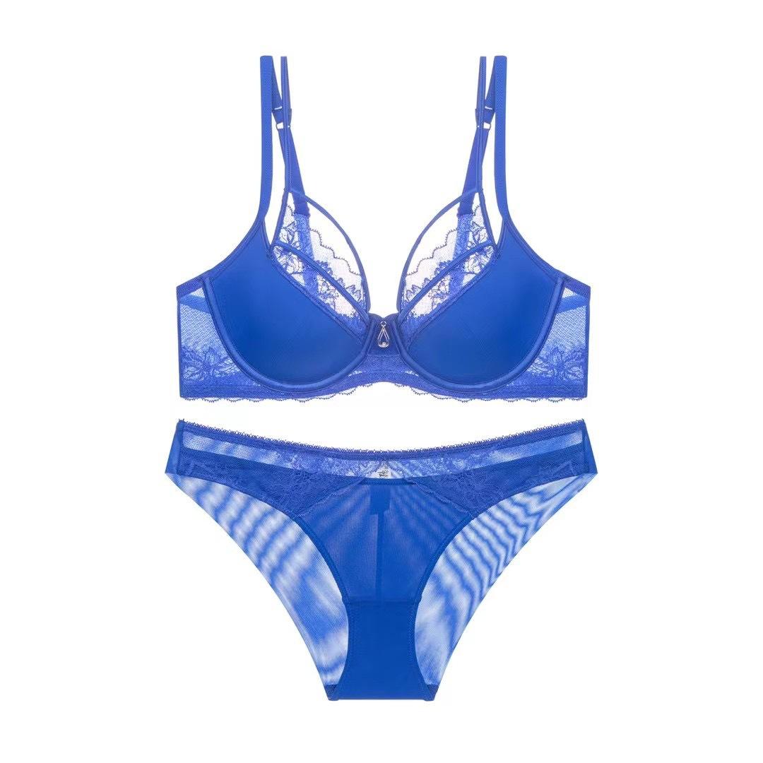 

Sexy underwear summer thin hollow straps, breast beauty lace underwear, large breasts and small anti-sagging bra cover 85D синій