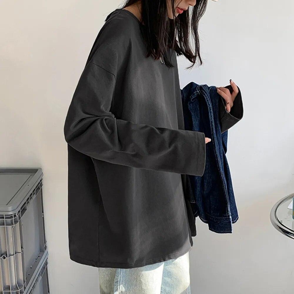 100% Cotone 20224 Primavera Nuovo Maglietta a Maniche Lunghe Donna Maglietta Basic Maglietta Oversize Donna Casual Girocollo Maglietta Donna Taglia USA