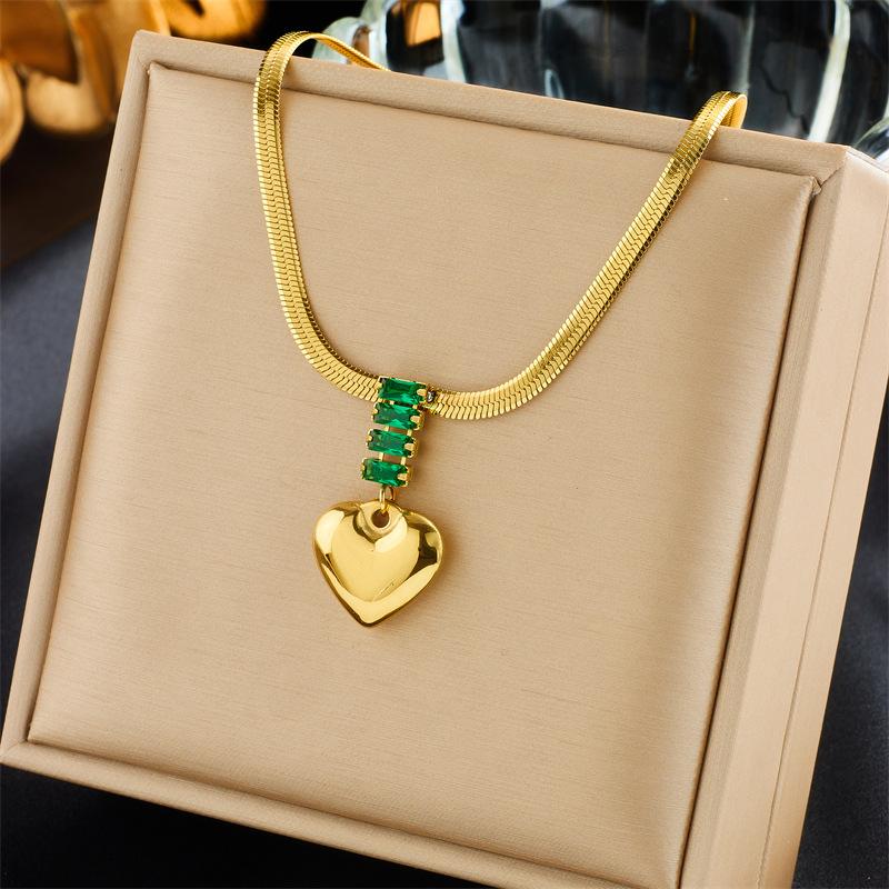 Gold Plated Herringbone Chain Green CZ Heart Pendant Necklace, Stainless Steel Emerald Choker, Waterproof Elegant Jewelry for Women Women Gift