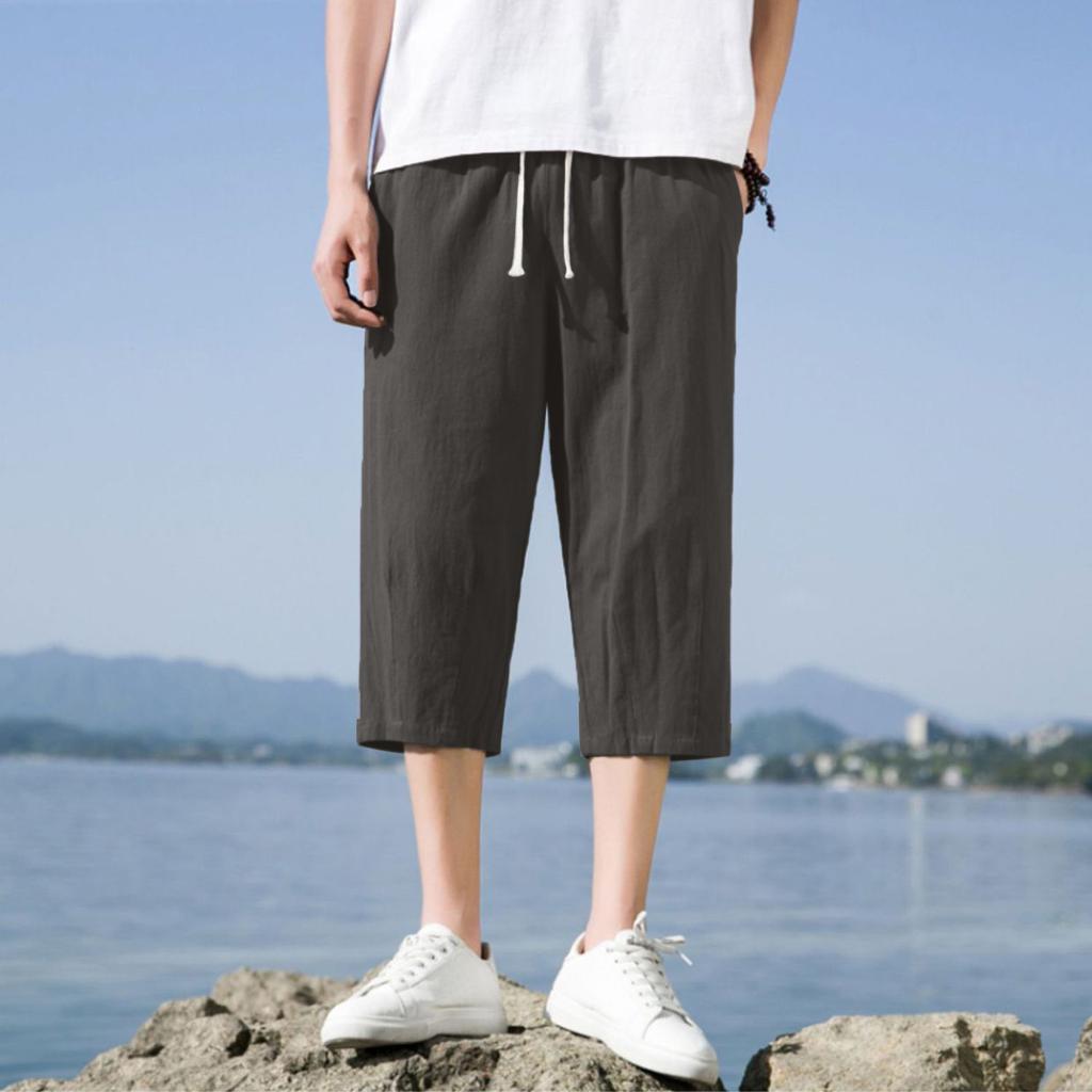 Men's Casual Color Cotton Linen Loose Cropped Pants Straight Linen Pants