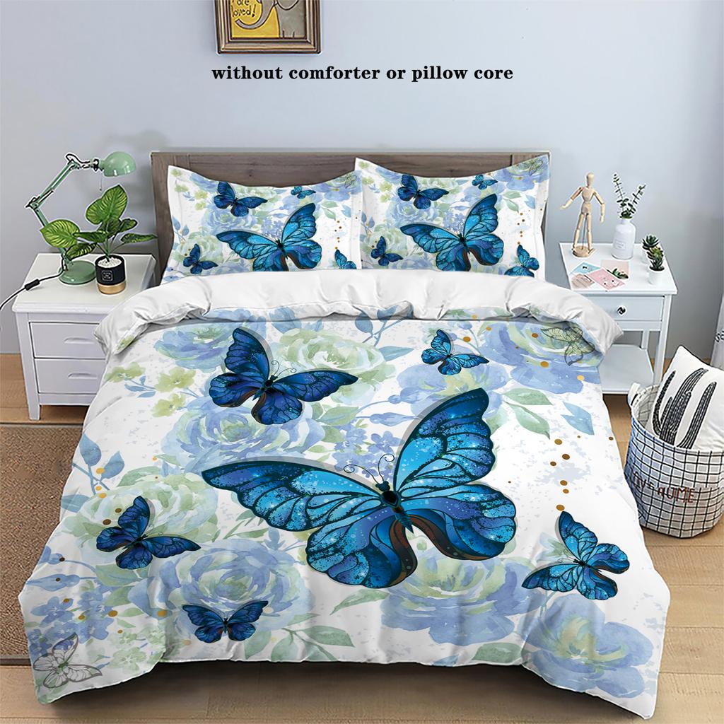 3-piece down duvet cover set with blue butterfly rose pattern print (1 duvet cover+2 pillowcases, no core) bedding set