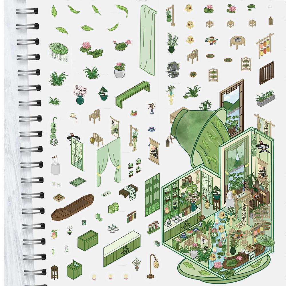 3PCS Zhuhe Qingyun Tea Room Sticker Nostalgia Scrapbooking Landscape Luggage Wall Painting Laptop Car Waterproof Decals