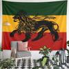 A black lion with a crown and flag on green, yellow, and red stripes. Patterned tapestry for bedroom and living room home decor