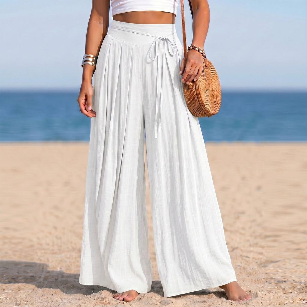 Women's High Waist Wide Leg Pants Linen Blend Casual Loose Fit Pleated Palazzo Trousers with Tie Detail and Elastic Waistband