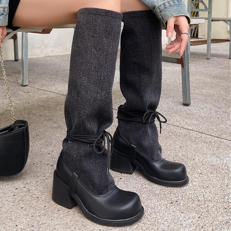 Thick Heel Strap Skinny Big Tube Black Boots Women's New Fashion Spice Girl Long Knight Boots