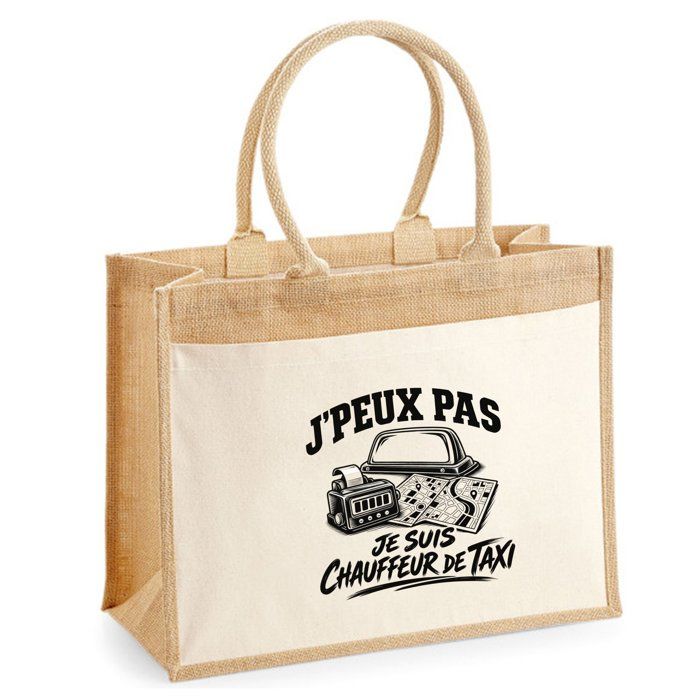 Sac Cabas Jute avec Poche J’peux pas je suis Chauffeur de taxi J'peux pas minimaliste | Toile de Jute et Coton 21 L Fond Plat Anses