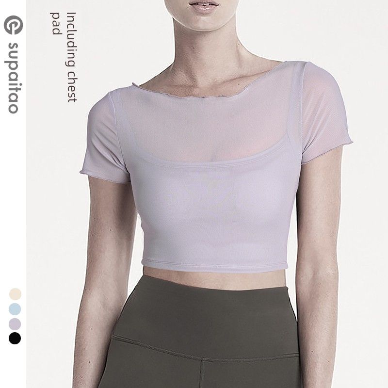 

Non-Exchangeable Non-Returnable] Fake Two-Piece Yoga Clothes Short Sleeve with Chest Pad Workout Clothes High Top Sports T-Shirt Running Quick-Drying Blue Gray purple M