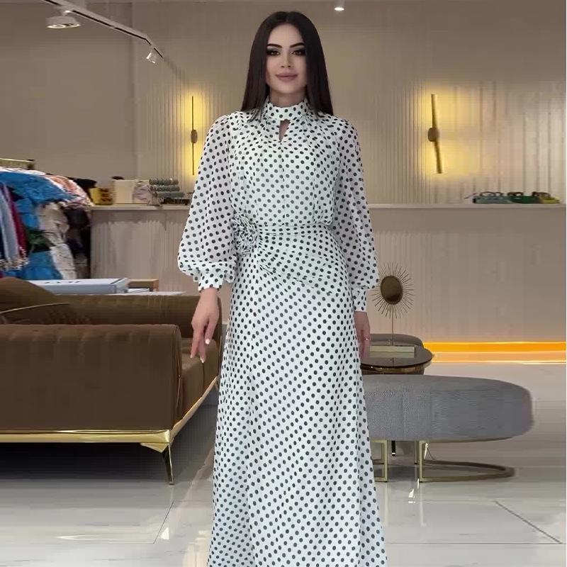 2024 Autumn Women's Polka Dot Print Elegant Round Neck Dress