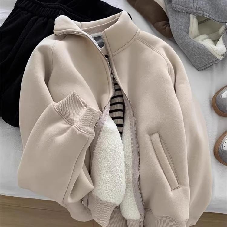 Thickened Velvet Sweatshirt Jacket Zipper Collar Warm Casual Autumn Winter Commute Women's