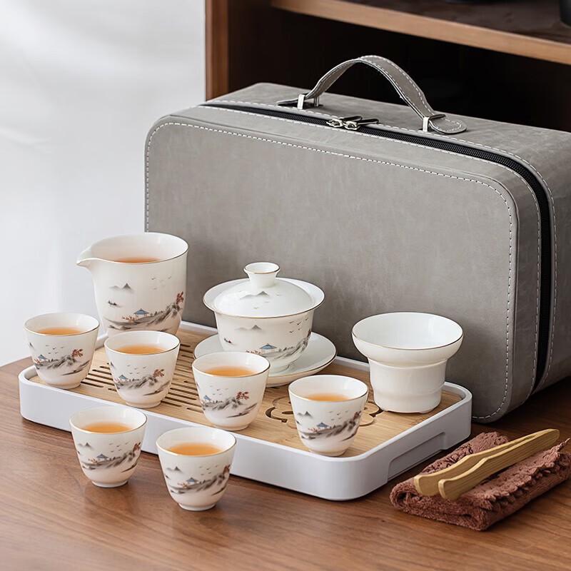 

Chinese Gold-Inlaid Jade Ceramic Portable Tea Set