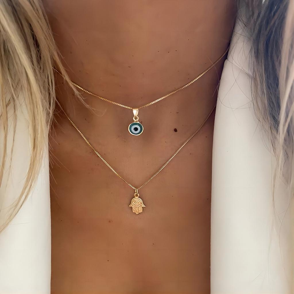 Minimalist Double Layer Turkish Evil Blue Eyes Hand Pendant Necklaces Round Demon Eye Choker For Women Men Lucky Party Jewelry
