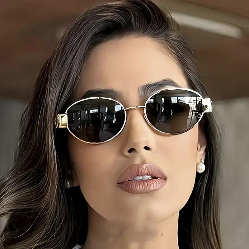 Retro Metal Frame Pilot Oval Sunglasses Women Men Brand Designer Vintage Round Sun Glasses Luxury 90s Green Lens Shades Male