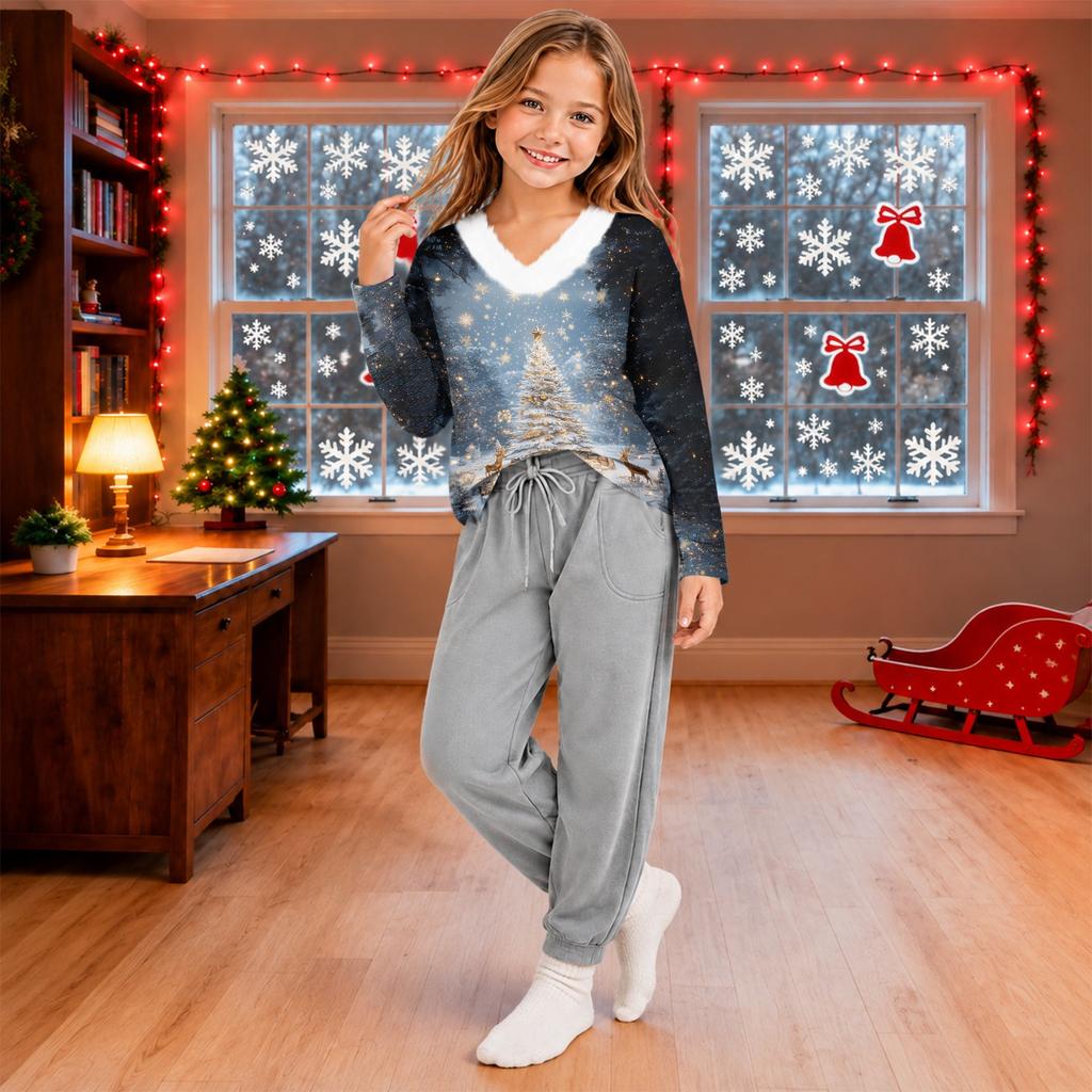 Girls' Winter V-Neck Christmas Print Base Layer Top