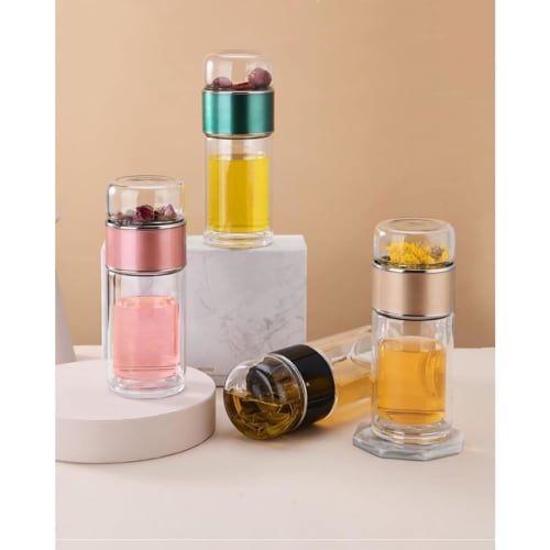 Glass Water Bottle with Tea Separator, Tea Cup, Tea Strainer, Stainless Steel, Double-Walled Glass, Tea and Water Separator, Tea Bottle, Tea Infuser,