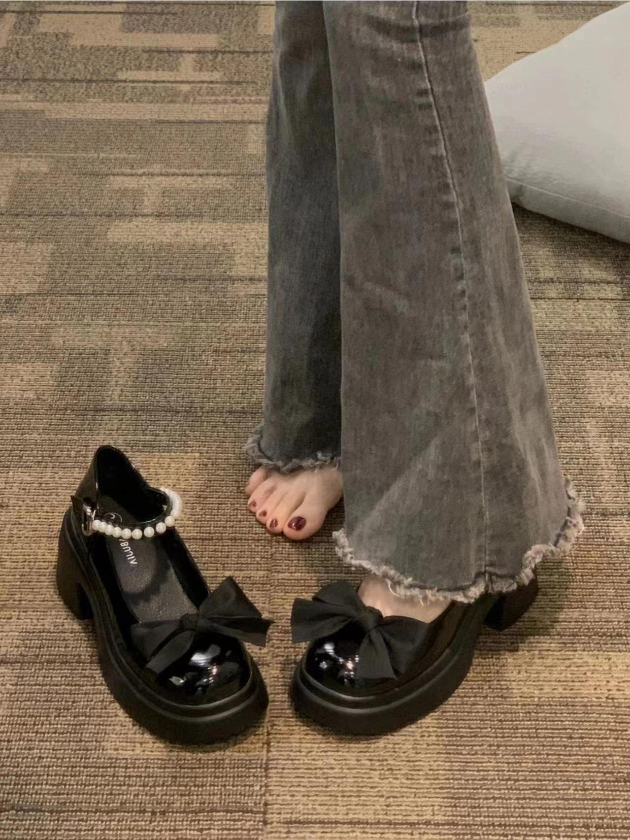 

Мэри Джейн маленькие кожаные туфли женские на платформе для увеличения роста весна и лето 2025 новые милые с бантом супермягкие универсальные одинарные туфли 35 чёрный