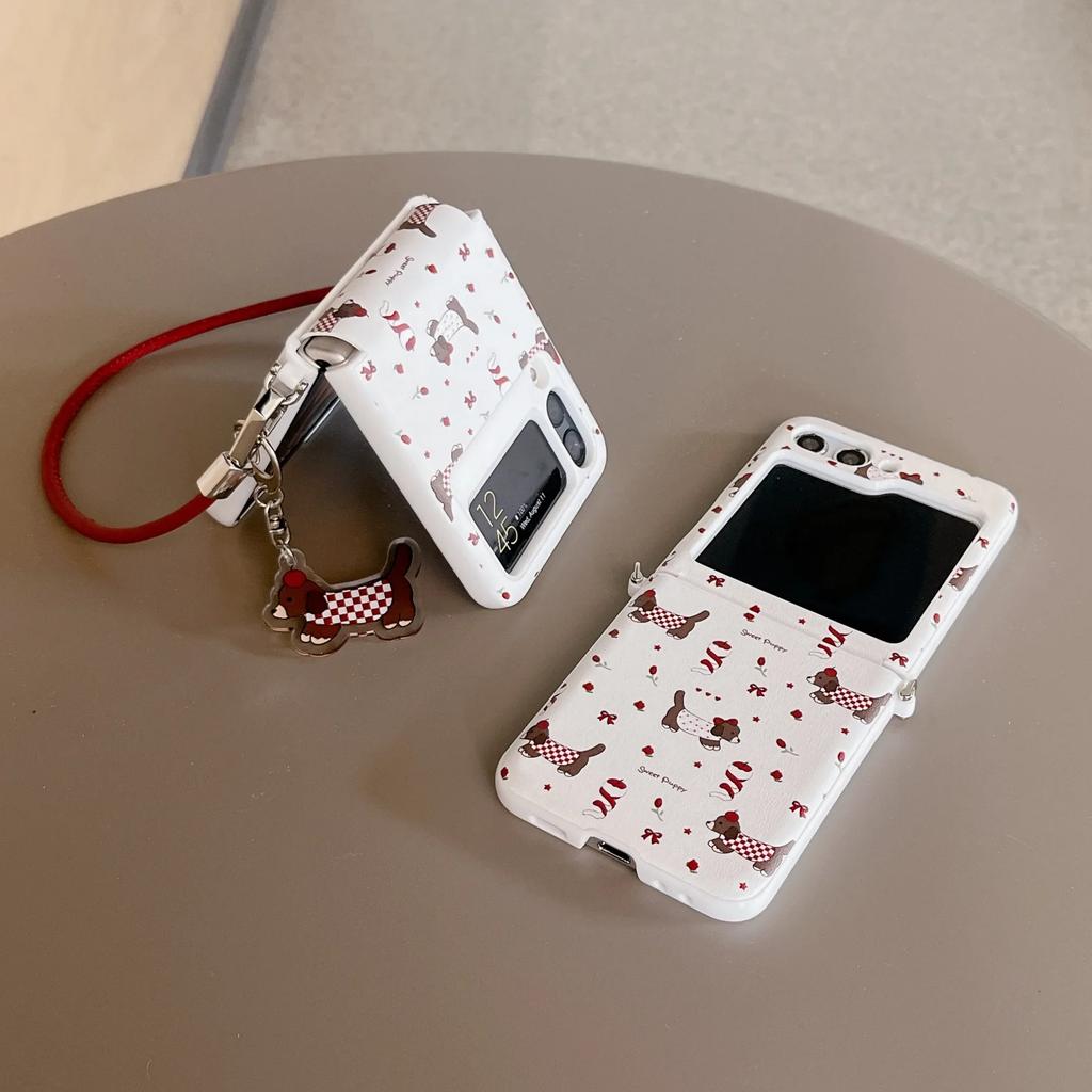 Cute Cartoon Dog Case For Samsung Galaxy Z Flip 6 5 4 3 5G Flip6 Flip5 Hinge Protection Lovely Pendant Leather Hand Strap Cover