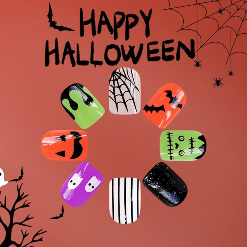 Halloween Cobweb Bat Faux Nail Short Square Manicure Tips Sparkling Press On Nail 24pcs Not Require Adhesive