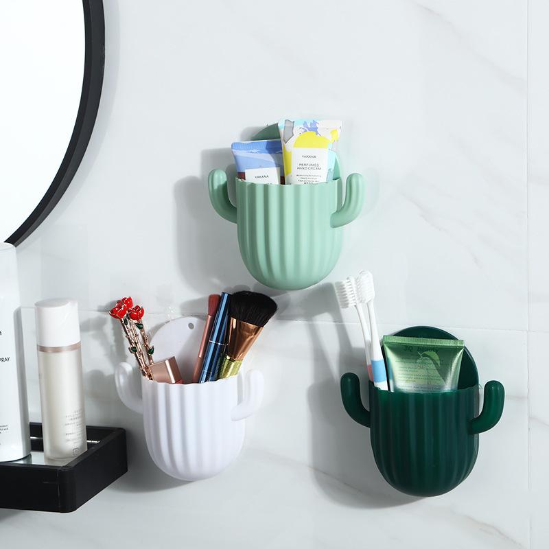 Toothbrush Holder Household Wall Self-adhesive Seamless Cactus Storage Rack Shaver Organizer Drain Shelf Bathroom Accessories