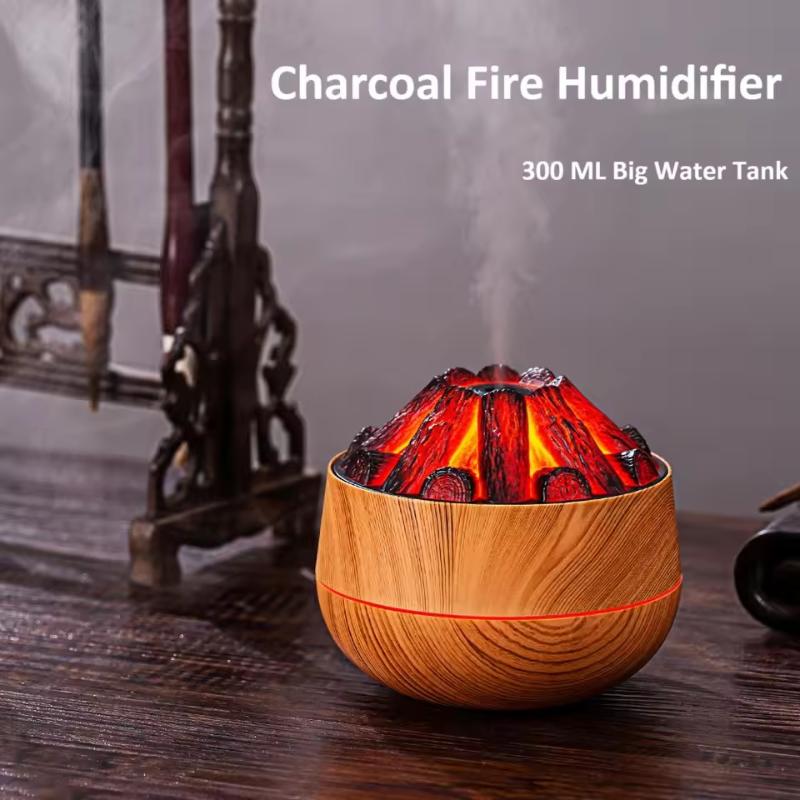 Charcoal Flame Humidifier, Aromatherapy Essential Oil Diffuser, 300Ml Mist Ultrasonic Humidifier For Bedroom,Office Night Light