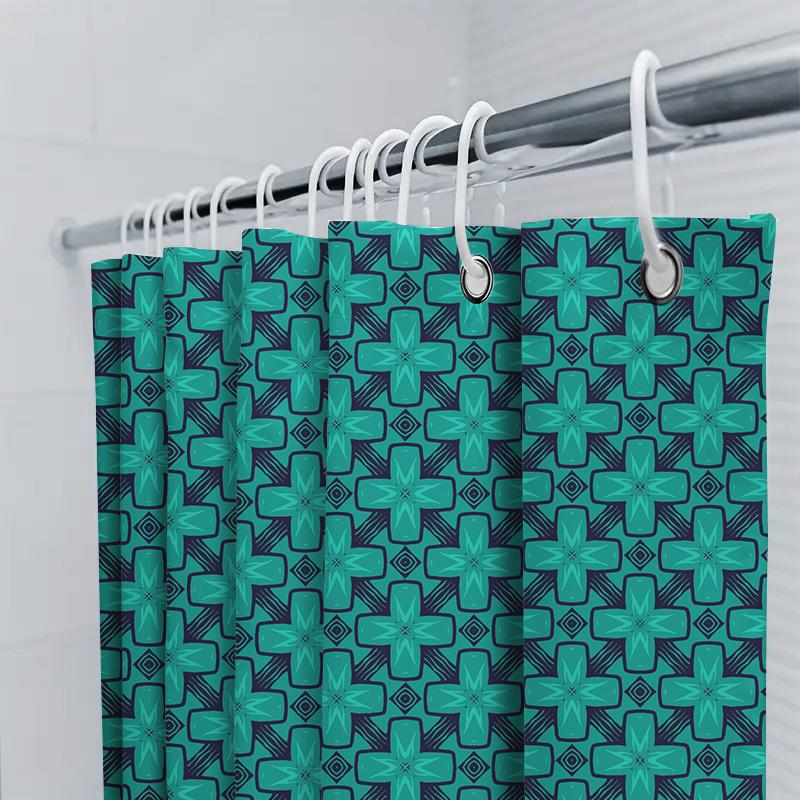 Modern Style Blue Black Geometric Printed Shower Curtain For Bathroom Decoration 72 X 84 Inch Size Set With Hooks Included