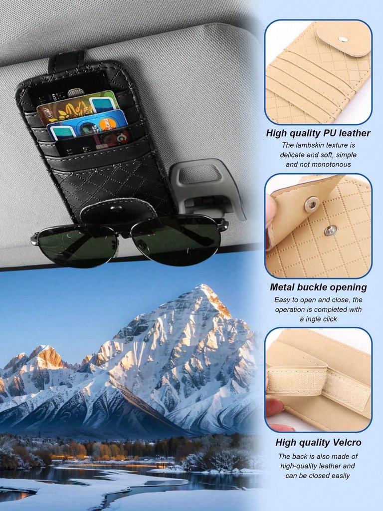 1Pc Car Sun Visor PU Leather Organizer - Multifunctional Sunglasses & Card Holder, Velcro Design, Universal Fit.
