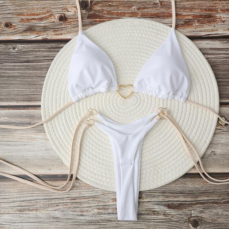 

Women s Sexy Brazilian Bikini Set Halter Triangle Top Thong Bottom Two-Piece Swimsuit Heart Bathing Suit Summer Beach Swimwear L белый