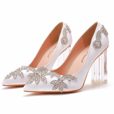 9cm Kryształowe Przezroczyste Kwadratowe Obcasy Szpiczaste Single Buty Taniec Impreza Buty Ślubne Satynowa Tkanina Cyrkonie Spódnica Buty Buty Ślubne