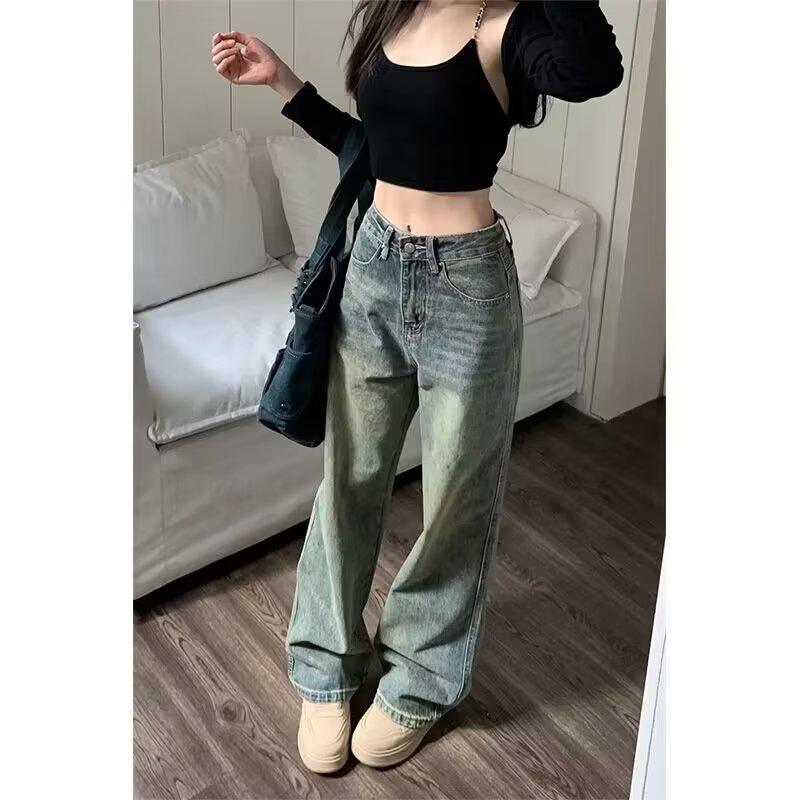 Women's Distressed Retro High-Waist Wide-Leg Jeans - Washed, Loose-Fit, Floor-Length for Spring/Summer