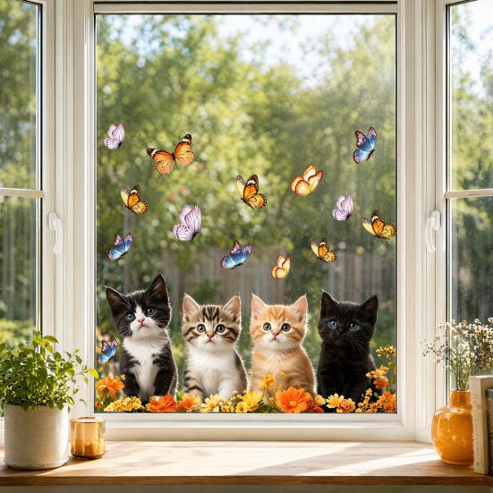 Adesivo Vetro Statico DYS Gatto Farfalla, Decalcomania Decorativa Impermeabile Animale per Finestra, Adesivo Rimovibile Animale Domestico per Camera da Letto Balcone Cucina