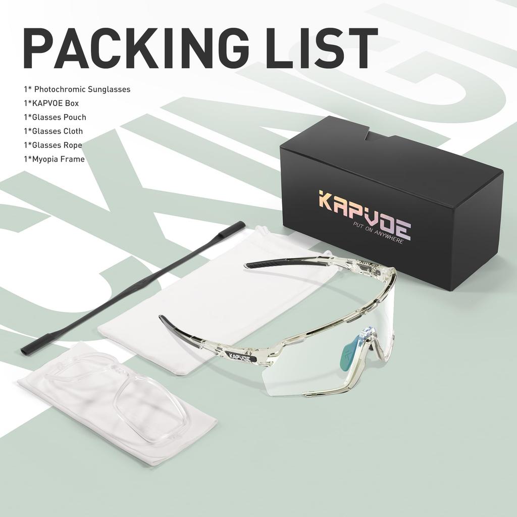 KAPVOE Road Bike Sunglasses for Men and Women: Photochromic Lenses, Suitable for Triathlon, Cycling, and Bicycles, Anti-Fog Coating, Lightweight TR90