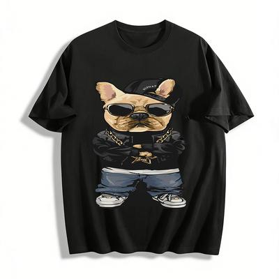 Hip-Hop Französische Bulldogge Print Lässiges T-Shirt Unisex Streetstyle Oberteil Reines Baumwoll-T-Shirt