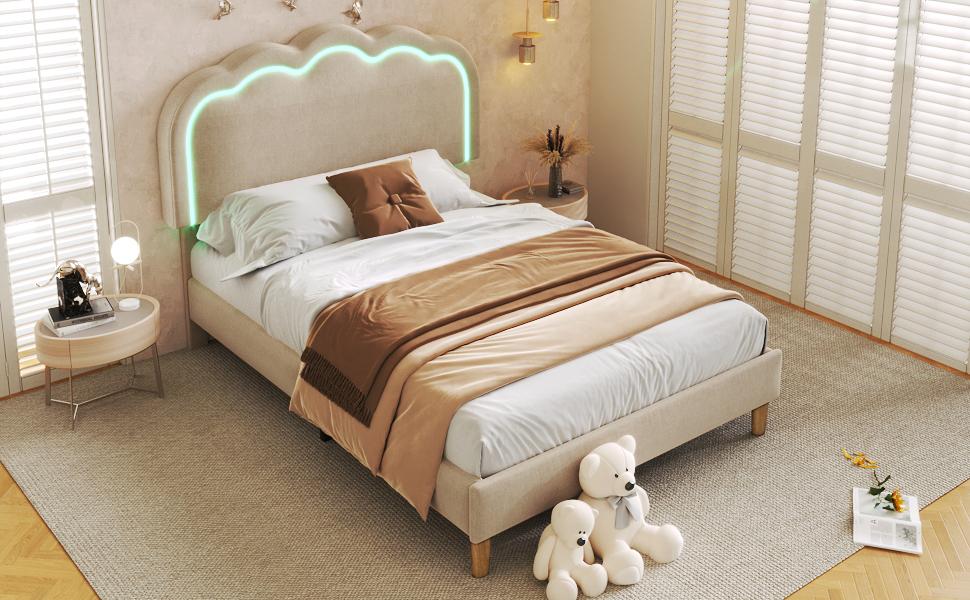 Upholstered Bed LED Single Bed 90 x 190 cm, Slatted Frame and Adjustable Headboard, in Beige, Youth Bed for Bedroom Guest Room - Linen Material